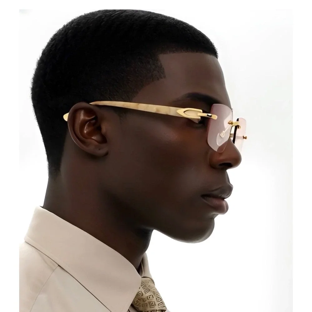 Mens Rimless Rectangular Sunglasses Hip Hop Pink Gradient Lens Marble Temple New